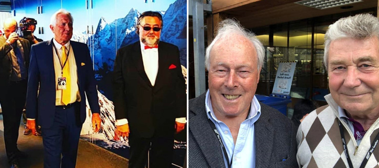 Links: George Lazenby samen met Steven Saltzman, de zoon van producent Harry Saltzman. Rechts: John Glen samen met Vic Armstrong.